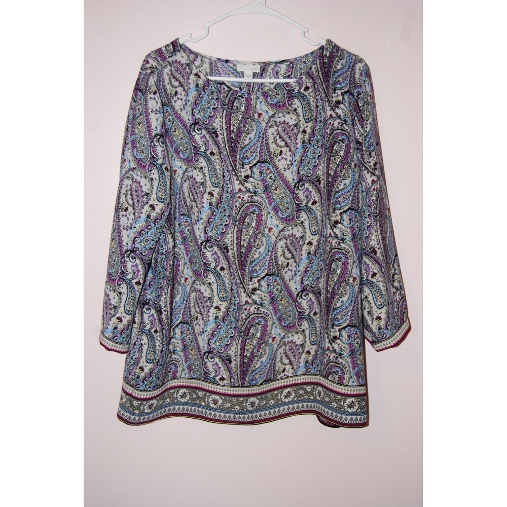J Jill Women's Teal Purple Black Blouse Long Sleeve Round Neck Paisley XL